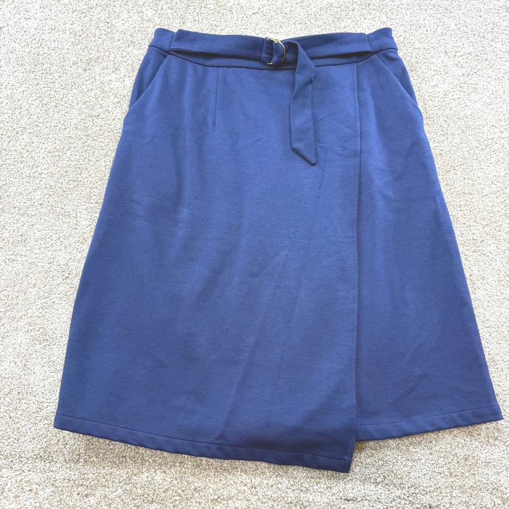 Yumi Navy Blue Faux Wrap Belted Skirt 6 8 Medium Asymmetrical Pockets Career M